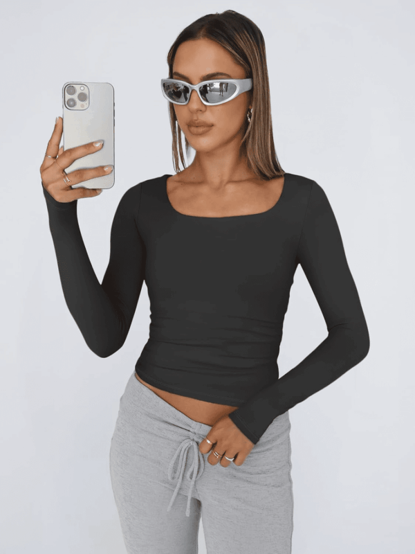 Womens Long Sleeve Shirts Crop Tops Square Neck Going Out Basics Tees Y2K Winter Clothes 2025 - Image 2