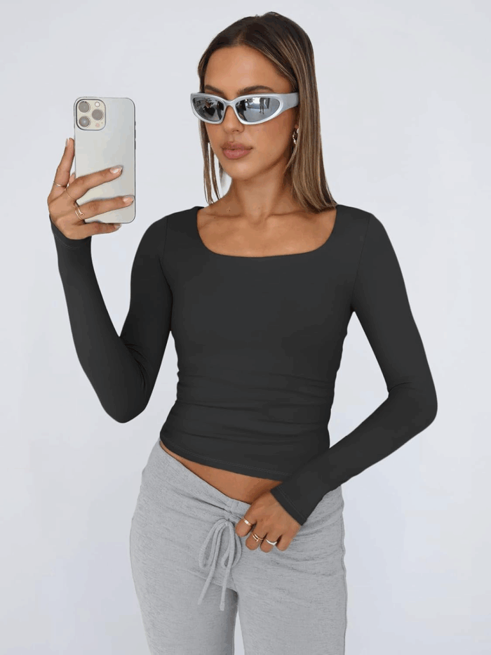 Womens Long Sleeve Shirts Crop Tops Square Neck Going Out Basics Tees Y2K Winter Clothes 2025 - Image 2