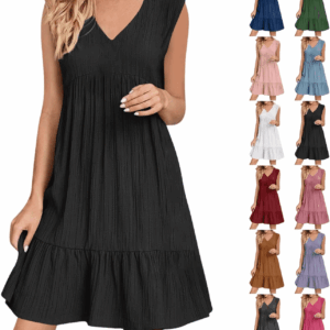 Womens Summer Dress Sleeveless V Neck Mini Dresses Fashion Casual Flowy Boho Ruffle a Line Swing Sundress 2025