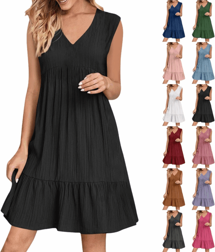 Womens Summer Dress Sleeveless V Neck Mini Dresses Fashion Casual Flowy Boho Ruffle a Line Swing Sundress 2025
