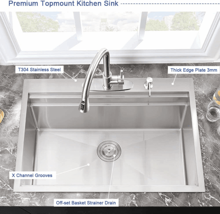 33 Inch Drop in Kitchen Sink Workstation- 33X22 Drop in Topmount Sink Double Ledges Workstation 16 Gauge Stainless Steel Single Bowl Deep Kitchen Sinks with Cutting Board - Image 5