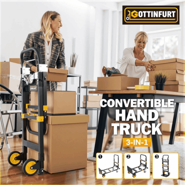 New Upgrated Convertible Hand Truck Dolly 3-In-1, Heavy Duty Hand Dolly Cart 500LB Capacity Foldable with Rubber Brake-Wheels, Anti-Slip Strip and 2 Elastic Ropes - Image 4