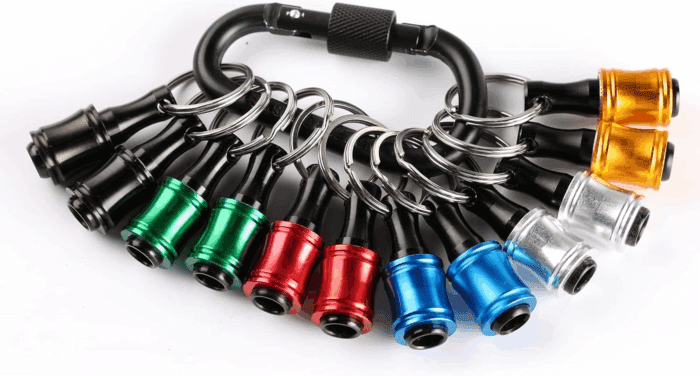 12Pc Portable Bit Holder Key Chain, 1/4 Inch Hex Shank Screwdriver Bit Clip for Impact Driver Drill Bit Extension Nut Driver W/Black Carabiner, Quick Release Lightweight Drill Screw Adapter