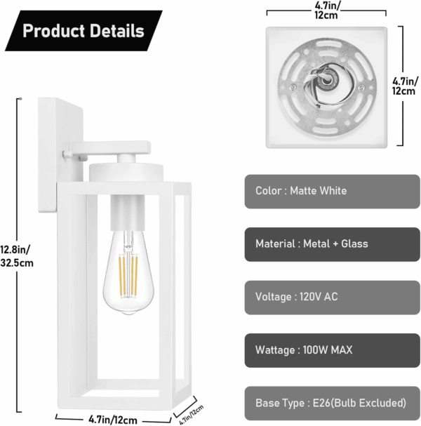 Outdoor Wall Light Fixtures, Exterior Waterproof Wall Lanterns, Porch Sconces Wall Mounted Lighting with E26 Sockets & Glass Shades, Modern White Wall Lamps for Patio Front Door Entryway, 2-Pack - Image 5
