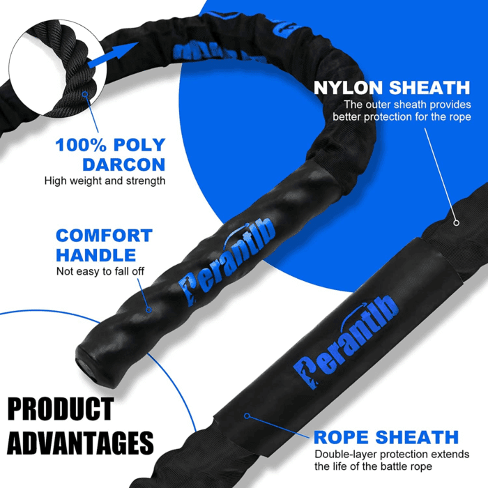 Battle Rope with Wear-Resistant Nylon Protective Sleeve - Heavy Battle Rope for Strength Training, Home Fitness Exercise - Anchor Strap Kit Included - Image 3