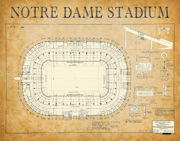 1929 Notre Dame Stadium 11X14 Unframed Poster - Blueprint Wall Art, Historic Architectural Print, Football Stadium Design for University of Notre Dame, Sports Memorabilia, Man Cave & Sports Bar Décor