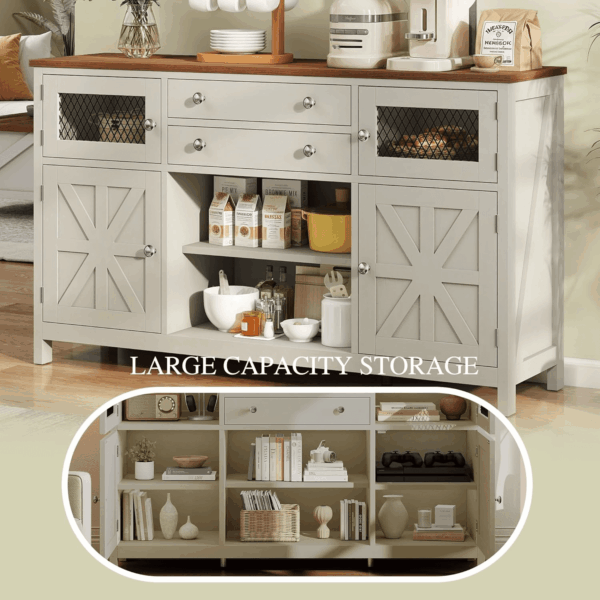 Farmhouse TV Stand for Tvs up to 65", Entertainment Center with 2 Large Drawers & Visual Grid Door, 59" Rustic TV Media Console for Living Room, Antique White - Image 6