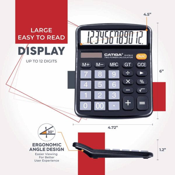 12 Digits Desktop Calculator with Large LCD Display and Sensitive Button, Dual Solar Power and Battery, Standard Function for Office, Home, School, CD-2786 - Image 2