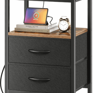 Nightstand with Charging Station, Side Table with Fabric Drawers, End Table with Open Shelf, Bedside Table with USB Ports and Outlets, Night Stand for Bedroom, Rustic Brown and Black