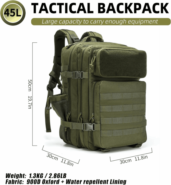 Tactical Backpack - Military Molle Bag 3 Days Pack for Men and Women Large Assault Rucksack 45L (Green) - Image 3