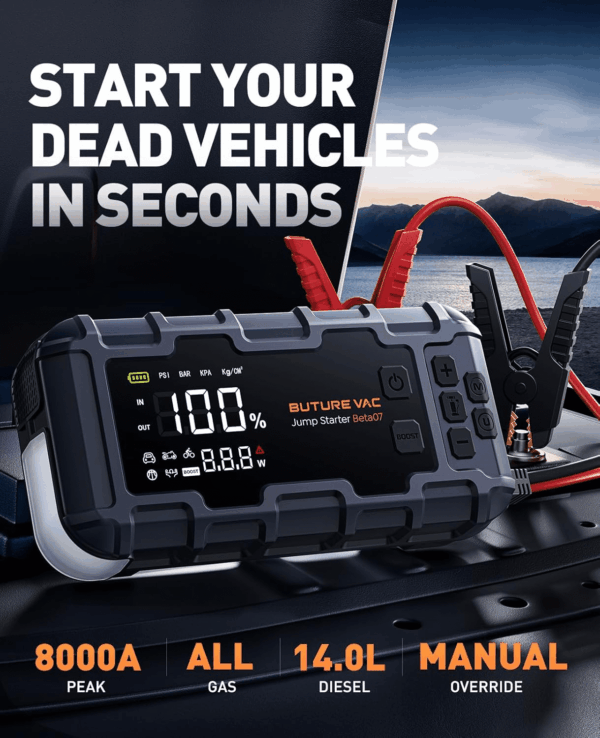 10-In-1 Portable Car Battery Jump Starter with Air Compressor 8000A 160PSI 45W Charger, Jump Starter Jump Box (All Gas 14L Diesel), Car Battery Jumper Starter Portable Jumper Cables, Gloves, Lights - Image 2