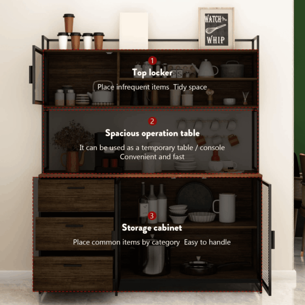 Modern Wood Sideboard Buffet Storage Cabinet with Hutch, 3 Metal Mesh Doors, 3 Drawers & Shelves, Kitchen Pantry Cupboard Console Table for Living Room, Dining Room, Brown - Image 4