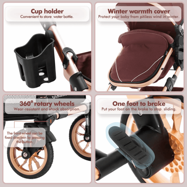 Baby Stroller for Toddler,Bassinet Stroller,Foldable Aluminum Alloy Pushchair with Adjustable Backrest,Adjustable Direction Coffee - Image 5
