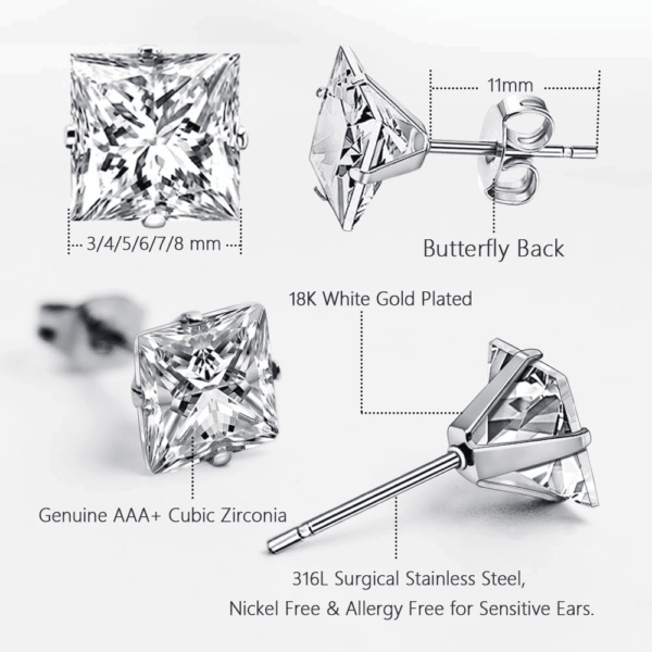 18K White Gold Plated Square Cubic Zirconia Studs Hypoallergenic Mens Earrings, Stainless Steel Stud Earrings Set for Men 6 Pairs - Image 3