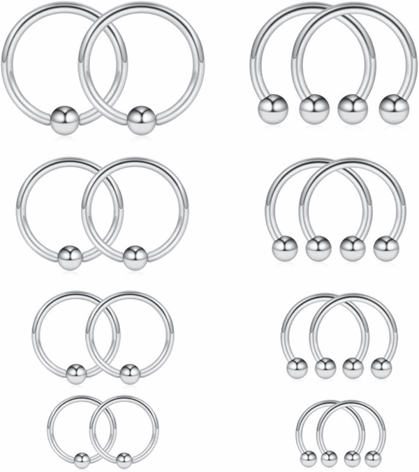 16-24PCS 16G Surgical Steel Horseshoe & Captive Bead Nose Hoop Septum Earring Eyebrow Tongue Lip Nipple Helix Tragus Piercing Jewelry Rings 6-16Mm