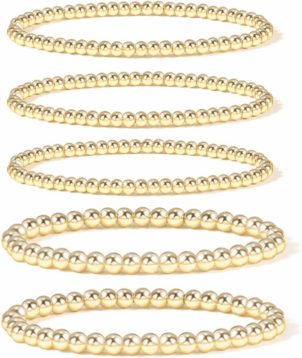 Gold Plate Bead Bracelet for Women 14K Gold Plated Bead Ball Bracelet Stretchable Elastic Hypoallergenic Bohemian Stackable Bracelet
