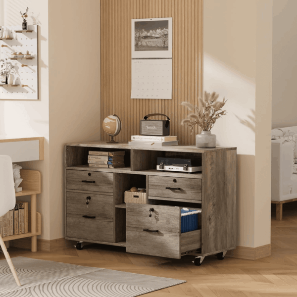 Wide 4 Drawer File Cabinet with Lock, Rustic Grey Rolling File Cabinet with Open Shelves, Lockable Printer Stand, Letter Sized - Image 8