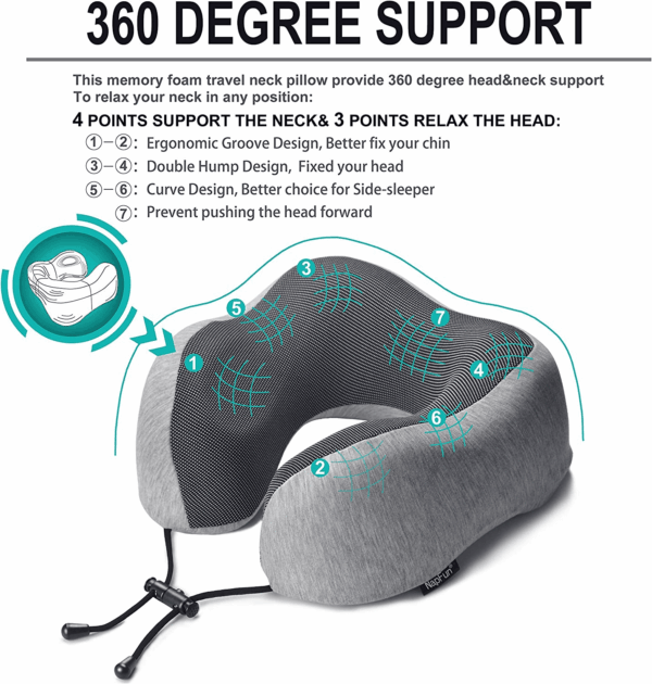 Neck Pillow for Traveling, Upgraded Travel Neck Pillow for Airplane 100% Pure Memory Foam Travel Pillow for Flight Headrest Sleep, Portable Plane Accessories, Light Grey - Image 2
