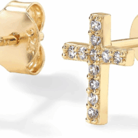 14K Gold Plated Sterling Silver Posts Cross Earrings for Women | Small Religious Faith Cubic Zirconia Cross Studs Huggies Earrings - Image 3