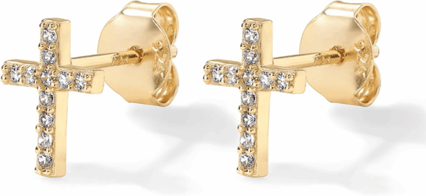 14K Gold Plated Sterling Silver Posts Cross Earrings for Women | Small Religious Faith Cubic Zirconia Cross Studs Huggies Earrings - Image 3