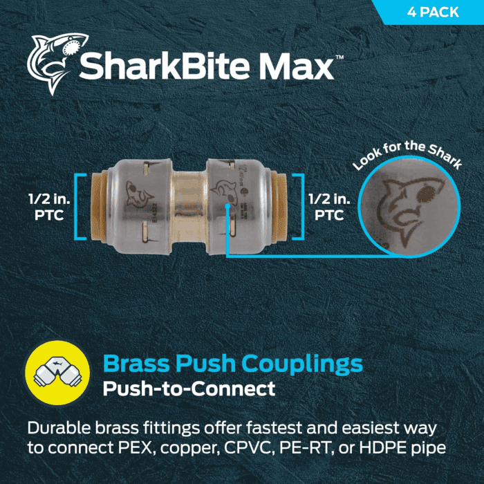Max 1/2 Inch Coupling, Pack of 4, Push to Connect Brass Plumbing Fitting, PEX Pipe, Copper, CPVC, PE-RT, HDPE, UR008A4 - Image 2