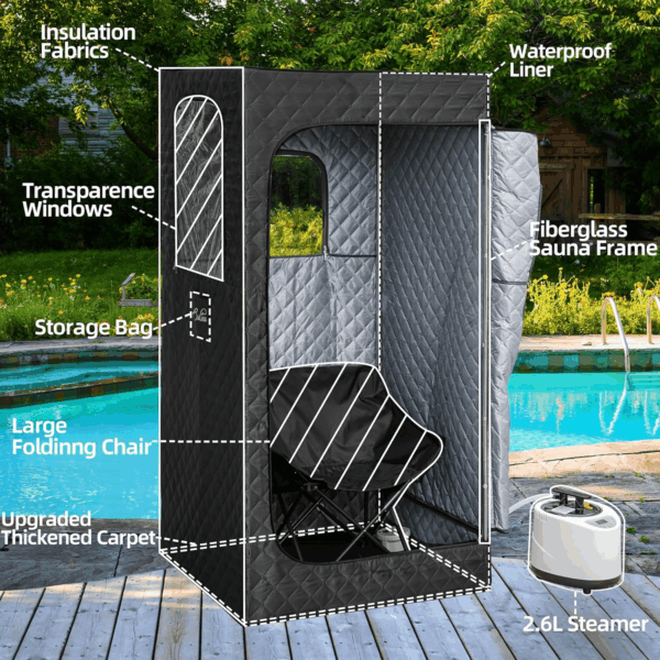 Portable Sauna for Home, Sauna Box with 2.6L Steamer, Personal Sauna with Big Sauna Chair, Remote Control, Oxford Fabric, 2.6’ X 2.6’ X 5.9’, Black, 1000W - Image 7