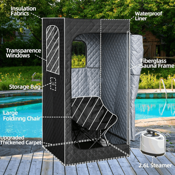 Portable Sauna for Home, Sauna Box with 2.6L Steamer, Personal Sauna with Big Sauna Chair, Remote Control, Oxford Fabric, 2.6’ X 2.6’ X 5.9’, Black, 1000W - Image 7