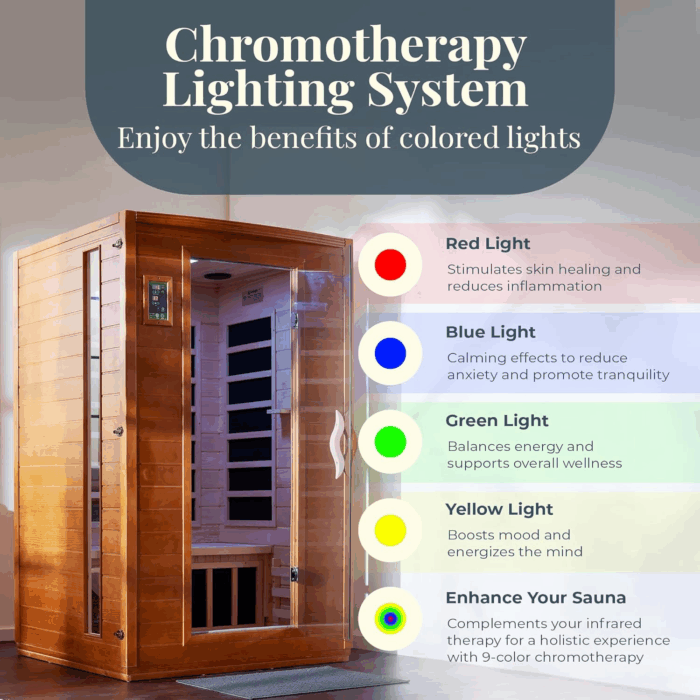 Andora 2-Person Low EMF FAR Infrared Sauna with Red Light & Bluetooth Speakers | Personal Indoor Spa for Home & Gym – Made from Canadian Hemlock - Image 6
