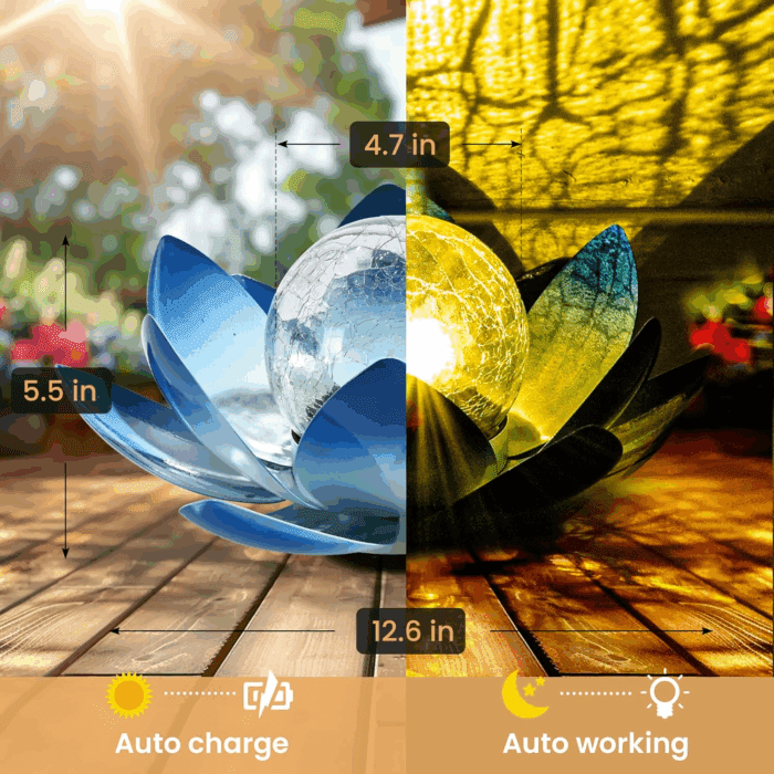 Solar Light Outdoor Garden Decor, Lotus Flower Light Crackle Globe Glass Lantern Outdoor Table Decor Waterproof for Patio, Lawn, Pathway, Pool, Pond, Christmas Gift (Blue Petal) - Image 6
