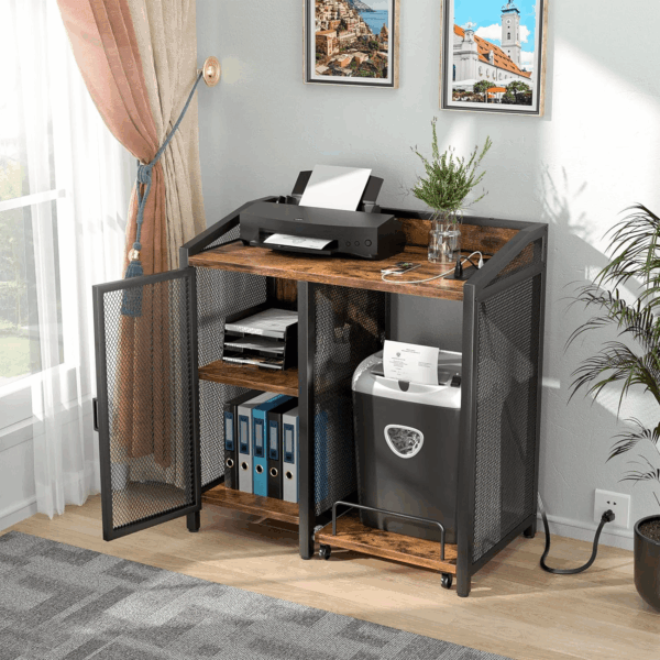 3-Tier Lateral Office Filing Cabinets with Socket and USB Charging Port, Modern Printer Stand and Paper Shredder Stand Rack with Wheels and Open Storage Shelves for Home Office, Rustic Brown - Image 2