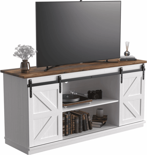 TV Stand for 65 Inch TV, Entertainment Center with Storage Cabinets and Sliding Barn Doors, Mid Century Modern Media TV Console Table for Living Room Bedroom (Bright White) - Image 9
