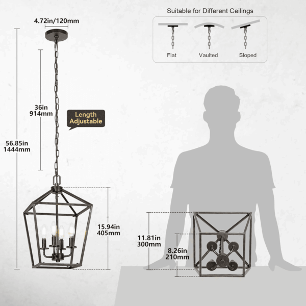 4 Light Chandelier Lighting, Industrial Ceiling Light Black Lantern with Brushed Gold, Geometric Metal Hanging Light Fixture with Adjustable Chain, E12 Base for Entryway Kitchen Island, Indoor Use - Image 2