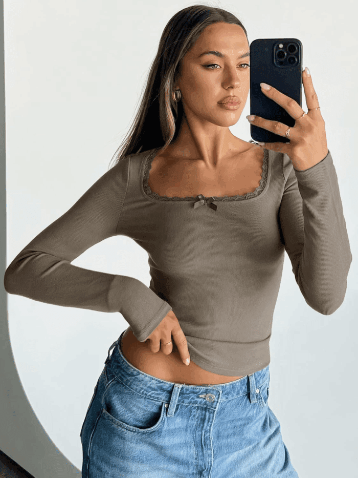 Womens Long Sleeve Shirts Crop Square Neck Ribbed Tops Basic Slim Fit Y2K Fall Winter Clothes Outfits 2025 - Image 5