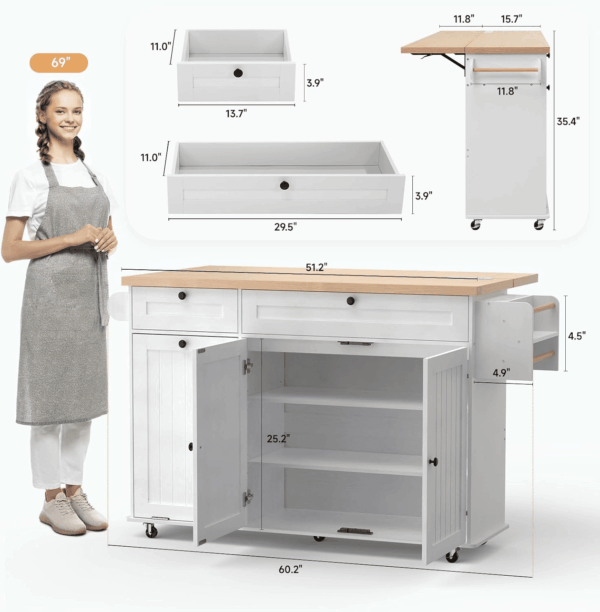 60" Kitchen Island with Power Outlet & Drop Leaf, Kitchen Rolling Island with Spice Rack & Towel Rack, Knife Holder, Kitchen Island Cart with Trash Storage Cabinet, Mobile Island Table for Kitchen - Image 2