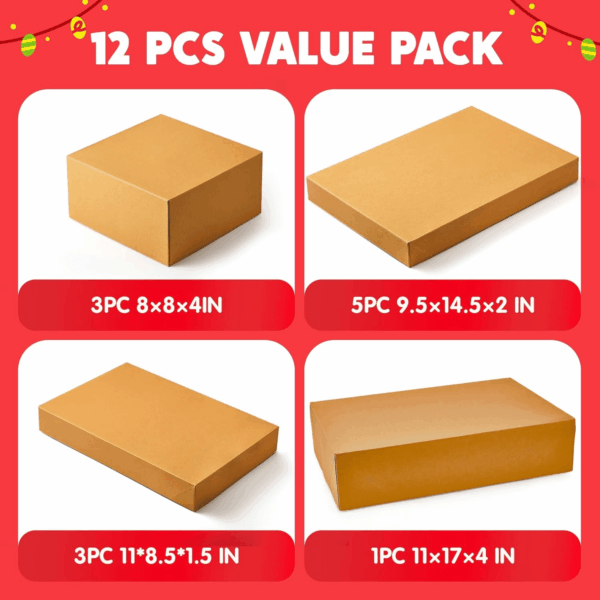 12PCS Brown Kraft Cardboard Gift Boxes with Lids for Presents, 4" Deep Large Shirt Robe Wrapping Boxes for Christmas Holiday, 4 Different Sizes Festive Xmas Lingerie Cupcake DIY Boxes - Image 2