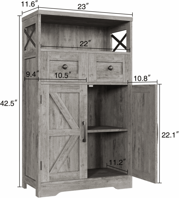 Farmhouse Storage Cabinet with Drawers and Adjustable Shelves, Freestanding Kitchen Pantry Storage Cabinet, Floor Storage Cupboard for Dining Living Room Home Office, Washed Grey - Image 2