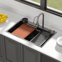 33 Drop Kitchen Sink with Faucet Combo 33"X22" Waterfall Kitchen Sink Workstation Gunmetal Black 16 Gauge Single Bowl Topmount Handmade Sinks with Pull Out Faucet, Glass Rinser Included - Image 4