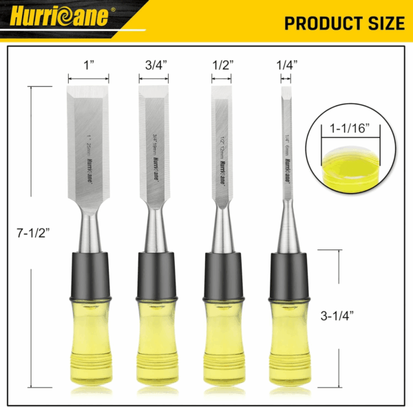 4 Piece Wood Chisel Set for Woodworking. CR-V Steel Beveled Edge Blades with Safety Caps. Durable PVC High Impact Handle, for Precision Carving & DIY Projects (1/4", 1/2", 3/4", 1") - Image 2