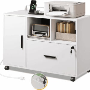 File Cabinet with Charging Station, 1-Drawer Lateral File Cabinets with Lock for Home Office, Wooden Rolling Printer Stand with Shelves, White