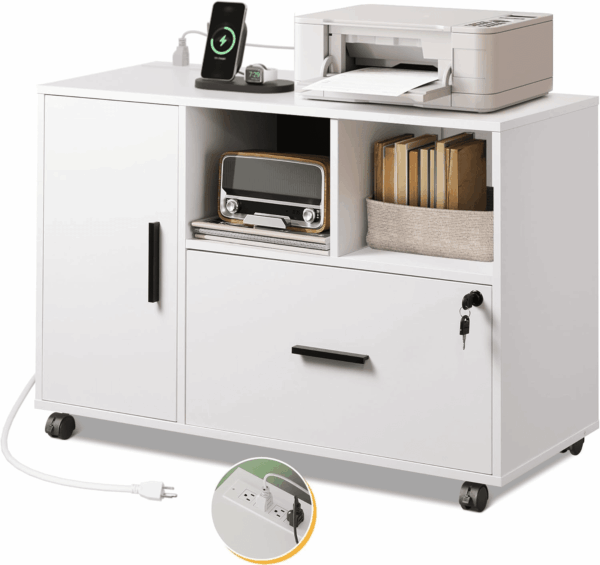File Cabinet with Charging Station, 1-Drawer Lateral File Cabinets with Lock for Home Office, Wooden Rolling Printer Stand with Shelves, White