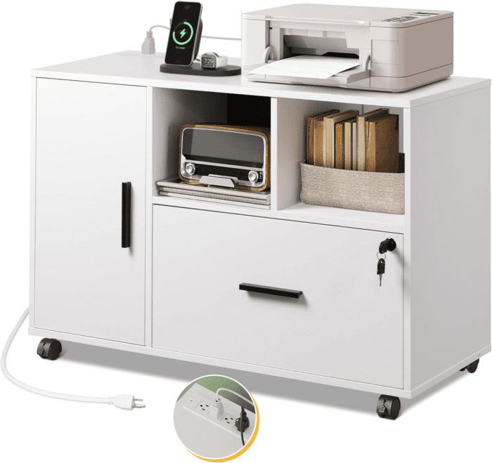 File Cabinet with Charging Station, 1-Drawer Lateral File Cabinets with Lock for Home Office, Wooden Rolling Printer Stand with Shelves, White