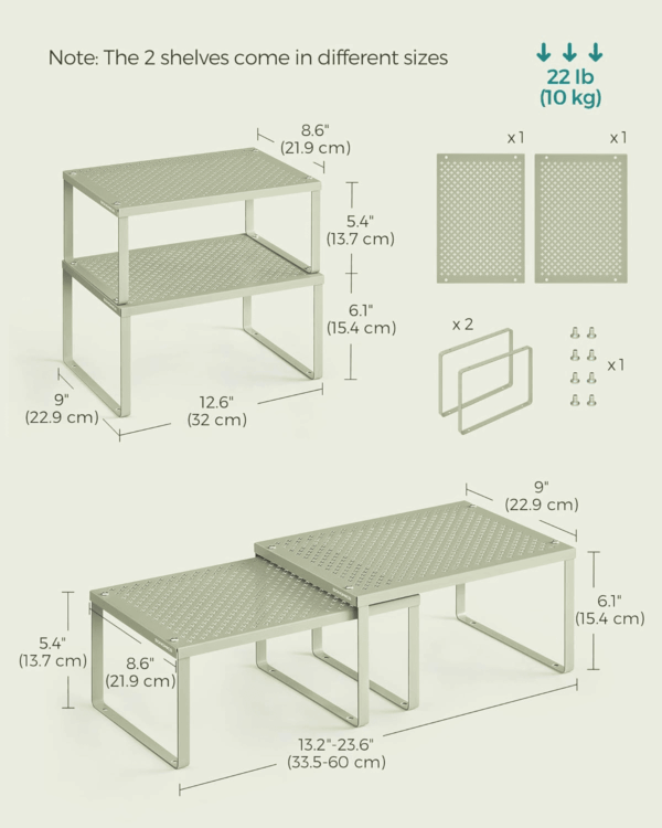Spice Racks, Set of 2 Metal Cabinet Shelf Organizers, Countertop Organizers, Shelf Risers, Stackable, Expandable, Laurel Green UKCS001C01 - Image 2