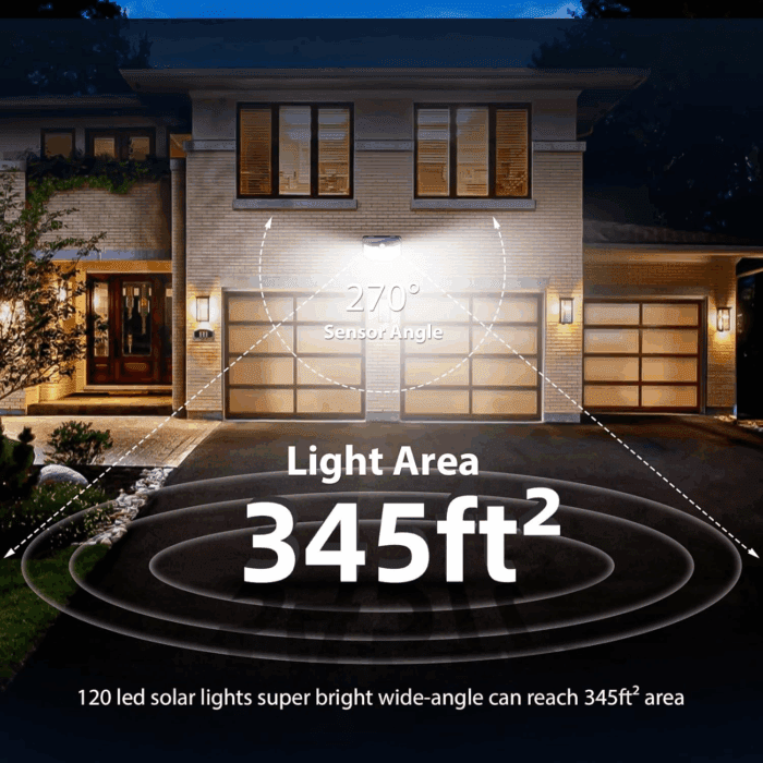 Solar Lights Outdoor 120 LED with Lights Reflector and 3 Lighting Modes, Motion Sensor Wall Lights,Ip65 Waterproof Solar Powered for Garden Patio Yard (2Pack) - Image 6