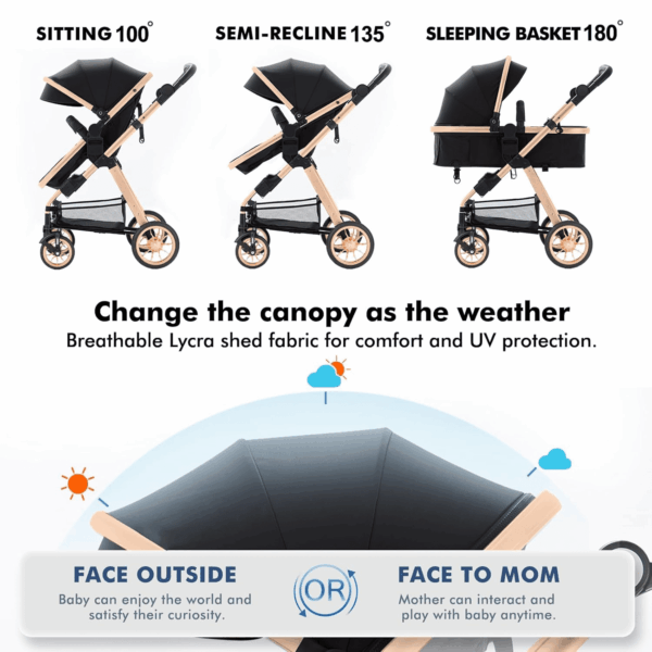 Baby Stroller for Toddler,Bassinet Stroller,Foldable Aluminum Alloy Pushchair with Adjustable Backrest,Adjustable Direction Gold Black. - Image 7