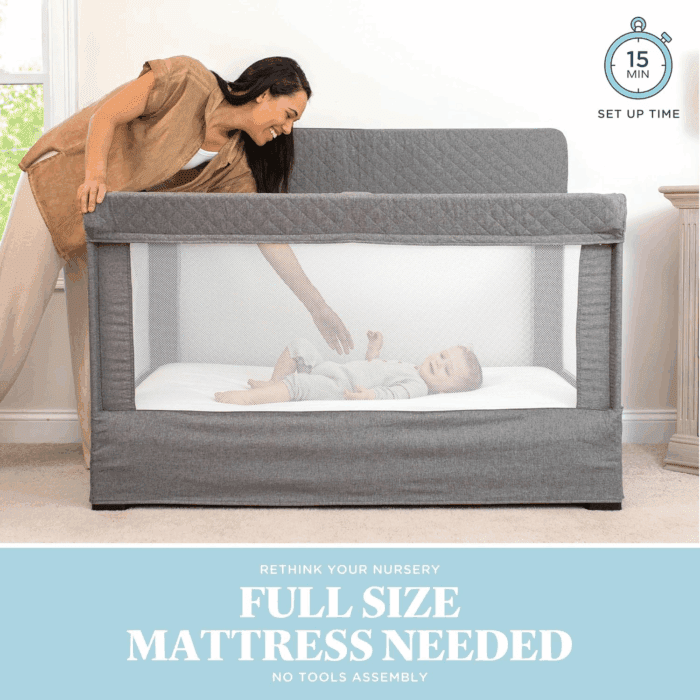 Lunaire Full Size Crib & Playard | Breathable Mesh Baby Crib | Tool-Free Assembly Baby Bed | Charcoal Tweed - Image 4