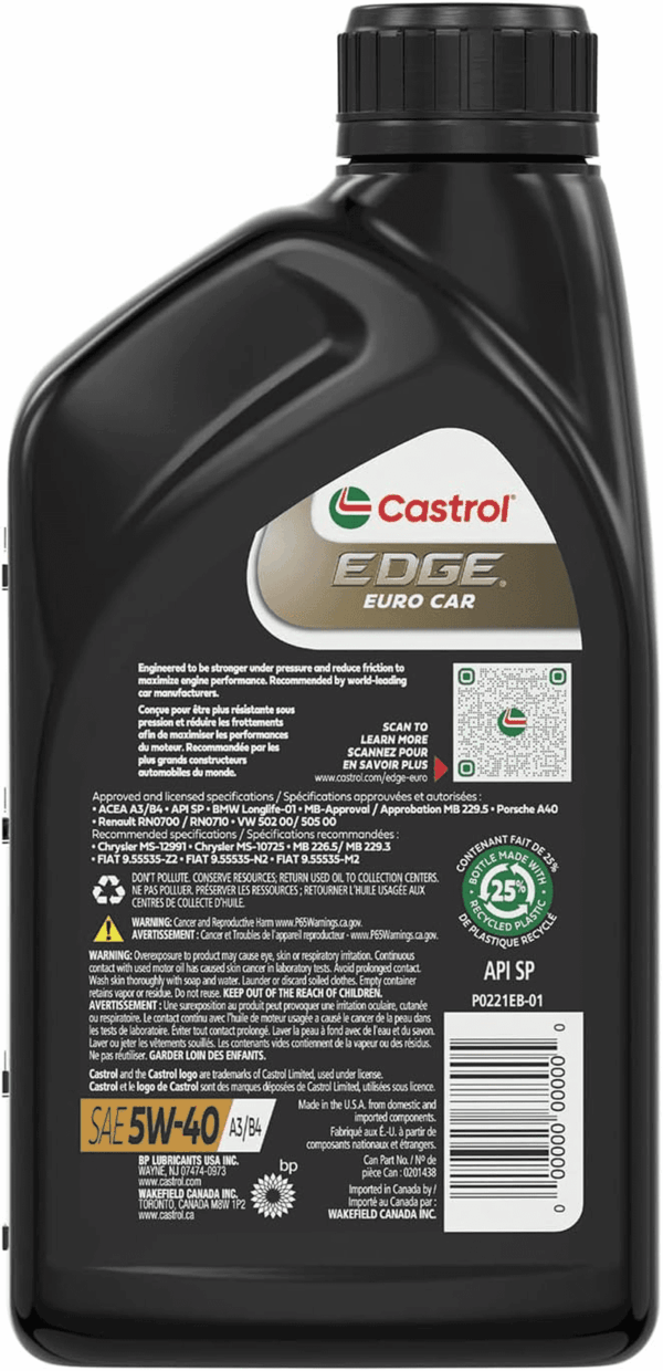 Edge Euro 5W-40 A3/B4 Advanced Full Synthetic Motor Oil, 1 Quart, Pack of 6 - Image 3