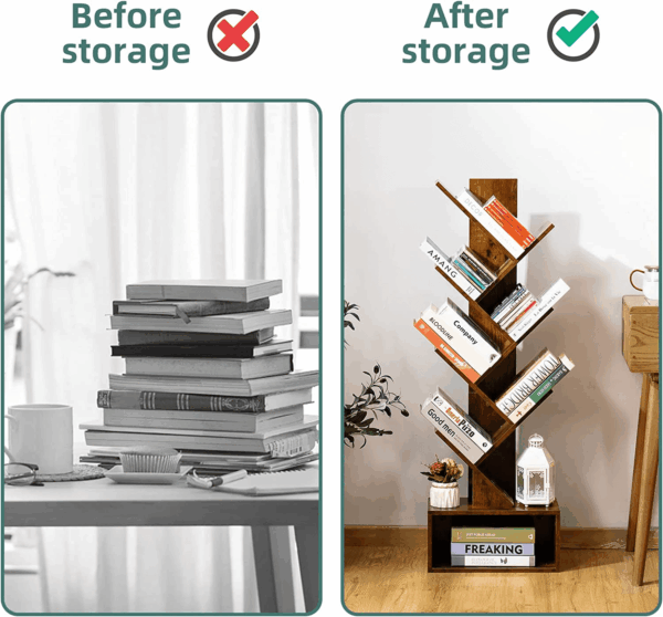 Tree Bookshelf - 6 Shelf Retro Floor Standing Bookcase, Tall Wood Book Storage Rack for Cds/Movies/Books, Utility Organizer Shelves Bedroom, Living Room, Home Office, Rustic Brown - Image 6