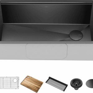 Kore Workstation 32-Inch Undermount 16 Gauge Black Stainless Kitchen Sink, Single Bowl Kitchen Sink in PVD Gunmetal Finish with Accessories, KWU110-32/PGM