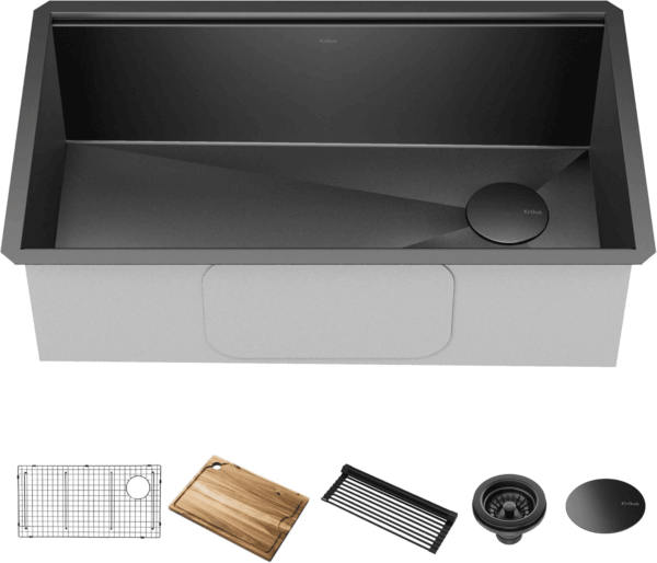 Kore Workstation 32-Inch Undermount 16 Gauge Black Stainless Kitchen Sink, Single Bowl Kitchen Sink in PVD Gunmetal Finish with Accessories, KWU110-32/PGM