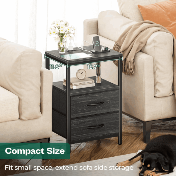Nightstand with Charging Station, Fabric Drawers, End Table with Open Shelf, Bedside Table with USB Ports and Outlets, Night Stand for Bedroom, Charcoal Black Wood Grain Print - Image 5
